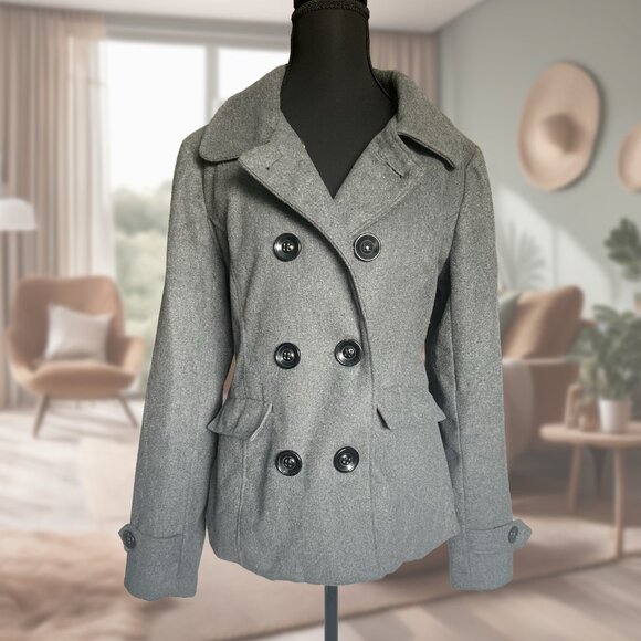 Grey, Lined, Double-Breasted Pea Coat or Driving Coat - Picture 1 of 7